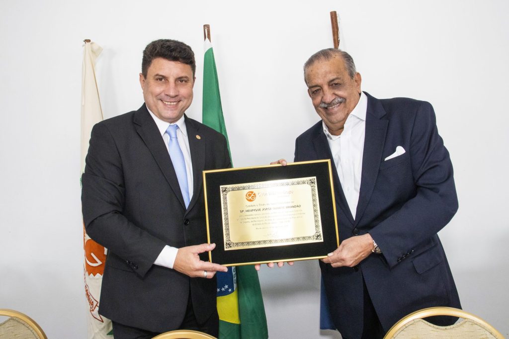 O presidente do CVG-RJ, Octávio Perissé (E) entrega a placa em homenagem ao presidente do Sincor-RJ, Henrique Brandão / Foto: Dalvino Santino