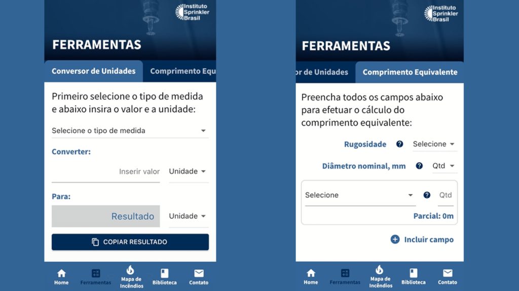 Ferramentas de Conversor de Unidades e de Comprimento Equivalente disponíveis no app oficial do Instituto Sprinkler Brasil / Reprodução