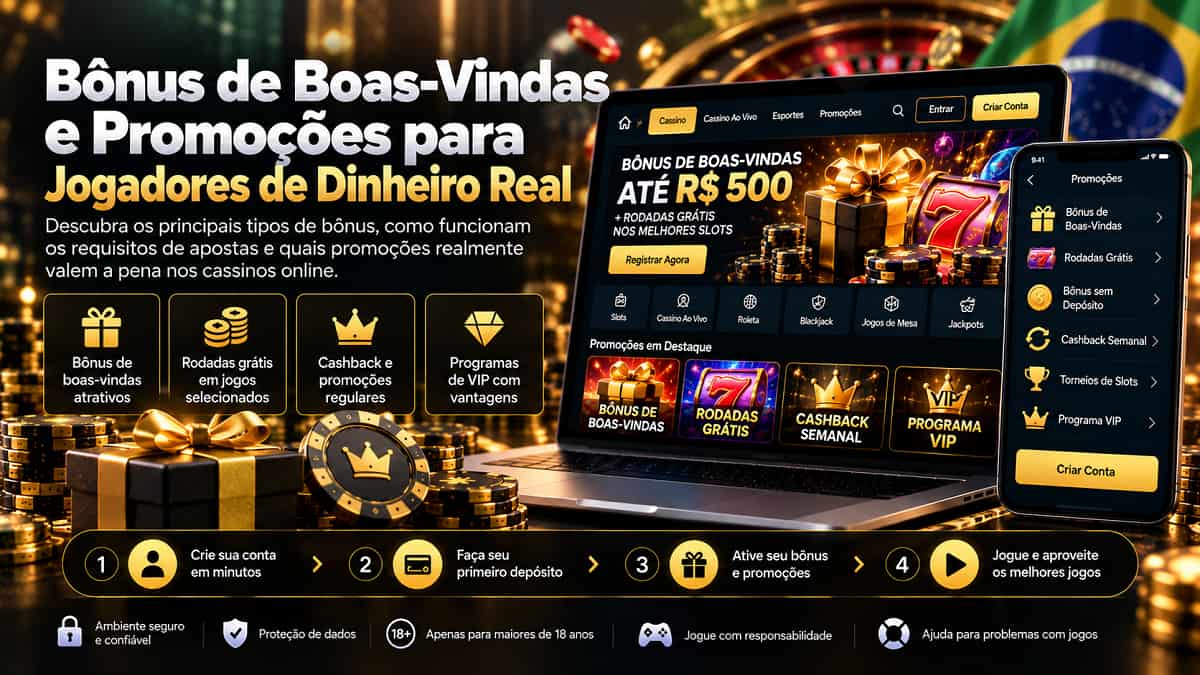 Banner de Bônus de Boas-Vindas e Promoções para Jogadores de Dinheiro Real com notebook, celular, bônus, fichas e jogos online.