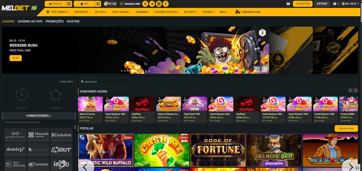 Lobby do Melbet Casino com catálogo de caça-níqueis online, jogos crash populares, provedores de destaque e uma interface de cassino em tons de preto e amarelo.